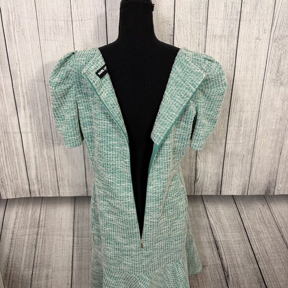 Karl Lagerfeld Paris Women Sz 14 Green Tweed Puff Sleeve Ruffle Hem Sheath Dress - Picture 5 of 8